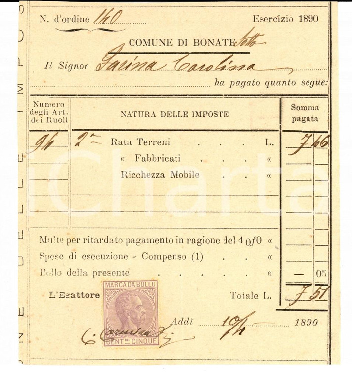 1890 BONATE SOTTO (BG) Censi su terreni di Carolina FARINA