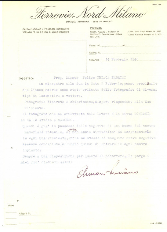 1946 FERROVIE NORD MILANO Invio immagini per collezionisti Luciano ARMANI