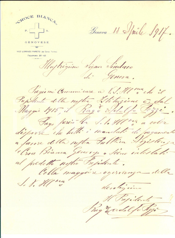 1917 CROCE BIANCA GENOVA Rag. Adolfo POZZI nuovo presidente *Autografo