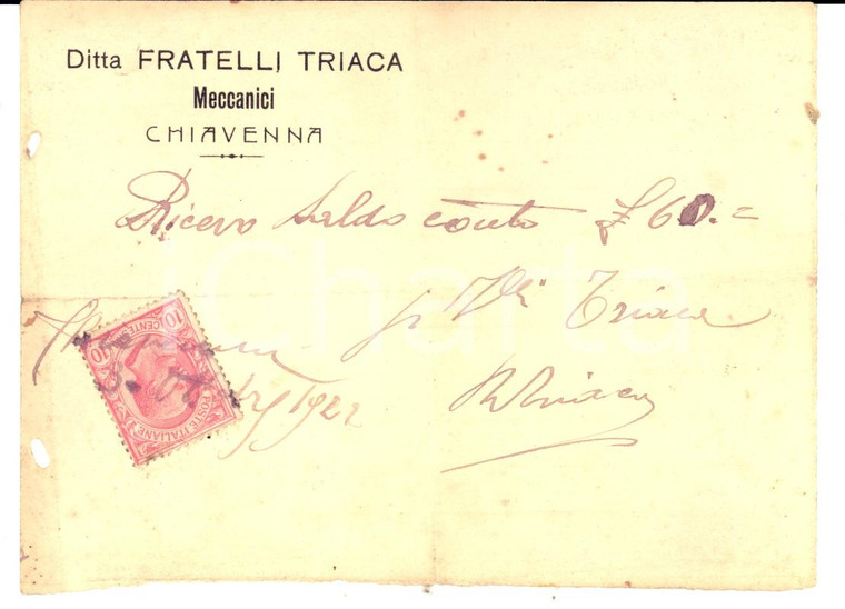 1922 CHIAVENNA (SO) Ricevuta Ditta Fratelli TRIACA Meccanici