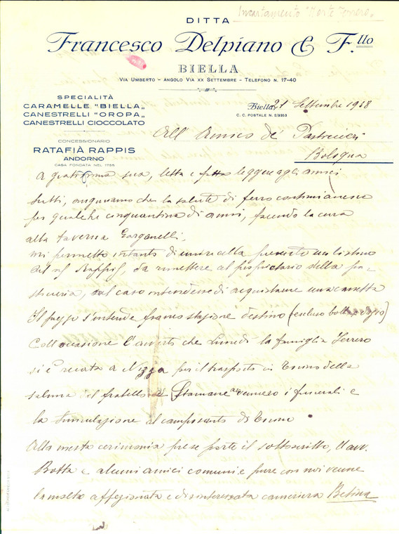 1938 BIELLA Industriale Francesco DELPIANO sulla visita di MUSSOLINI Autografo