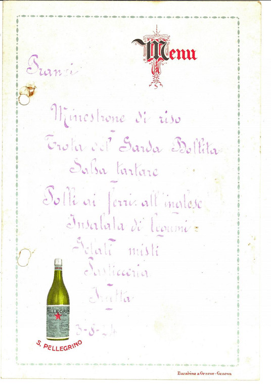 1924 Acqua minerale SAN PELLEGRINO Menù pubblicitario VINTAGE