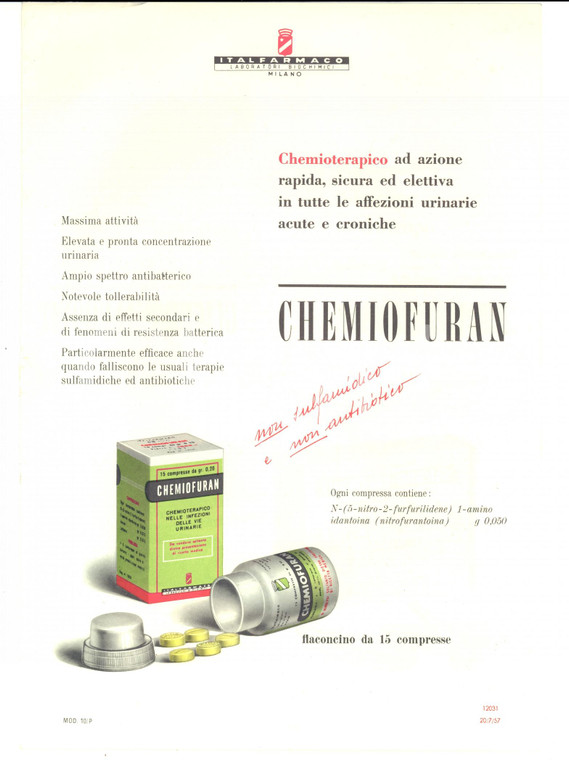 1957 MILANO ITALFARMACO Pubblicità CHEMIOFURAN - NICOSPASMOLO *Farmaceutica