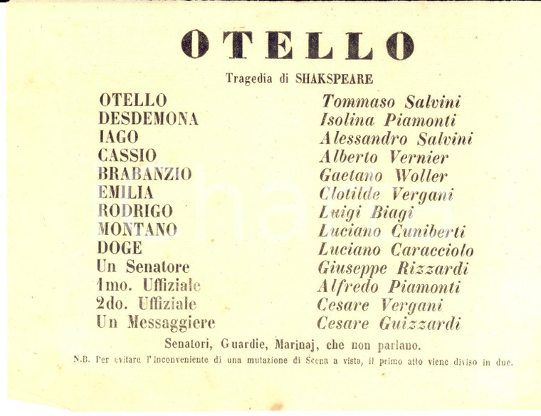 1862 FIRENZE TEATRO NICCOLINI Otello - Tommaso SALVINI *Locandina