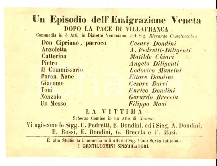 1862 FIRENZE TEATRO NICCOLINI Un episodio dell'emigrazione veneta *Locandina