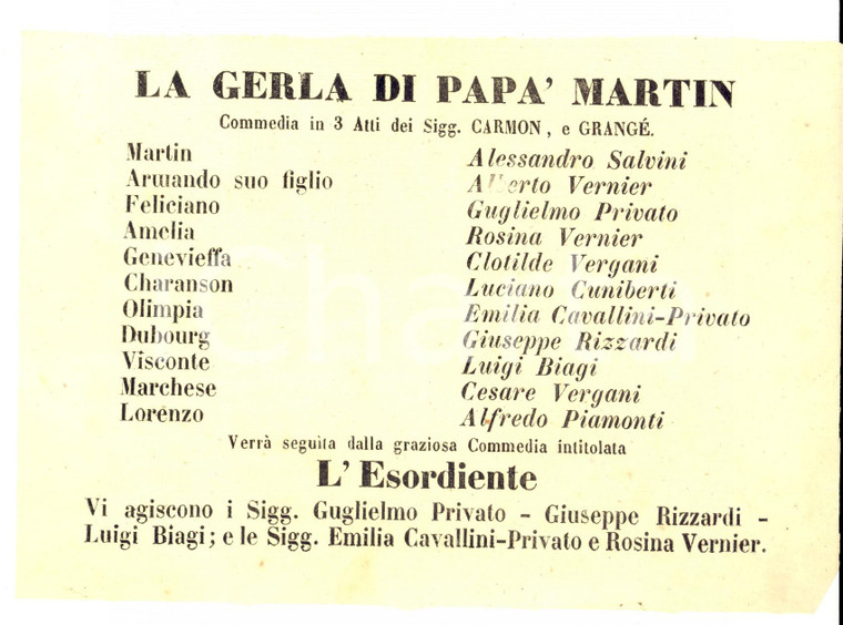 1862 FIRENZE TEATRO NICCOLINI La gerla di papà Martin - Alessandro SALVINI