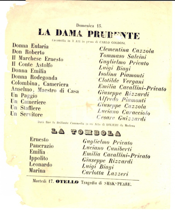 1862 FIRENZE TEATRO NICCOLINI La dama prudente - Clementina CAZZOLA *DANNEGGIATA