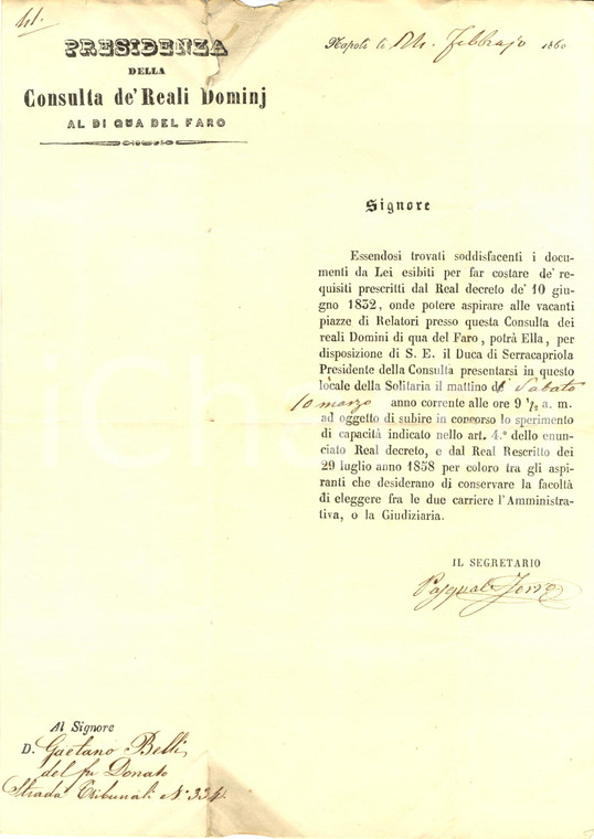1860 NAPOLI Gaetano BELLI aspirante membro Consulta Reali Domini di qua del FARO