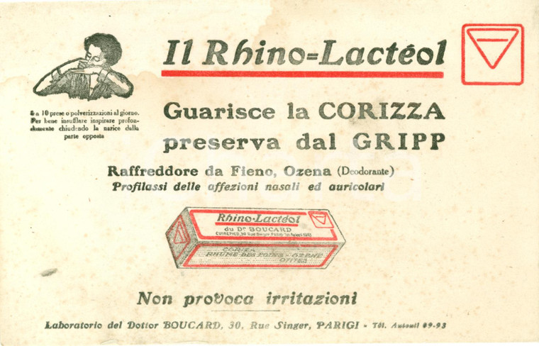 1930 ca PARIS Laboratoires BOUCARD RHINO-LACTEOL Pubblicità farmaceutica