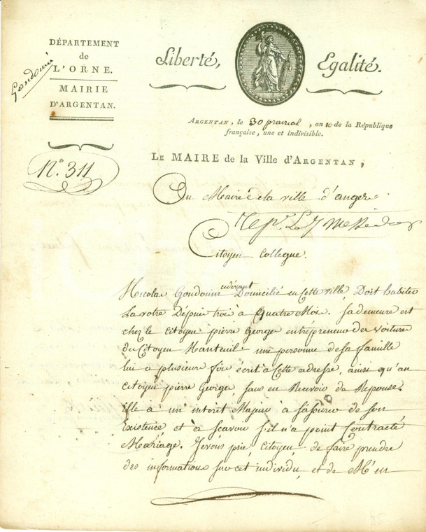 1802 ANGERS (F) Citoyen Nicolas GOUDOIN introuvable *Lettera