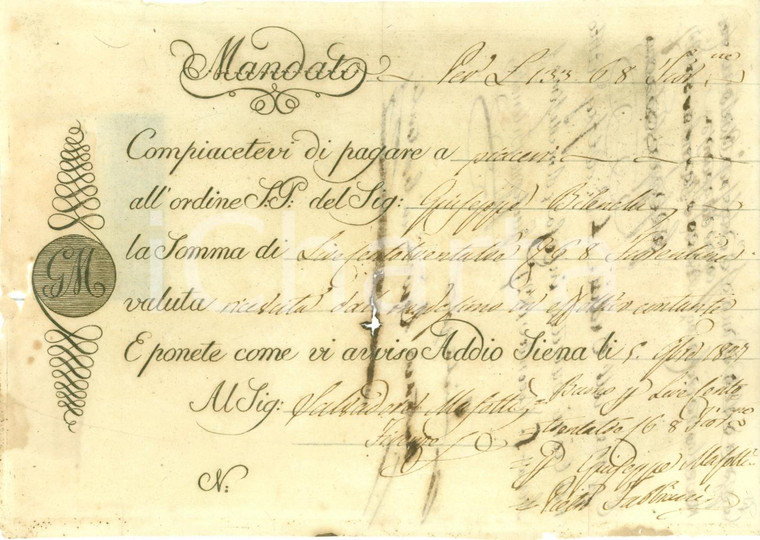 1827 SIENA Mandato pagamento per Giuseppe BILENCHI *Documento