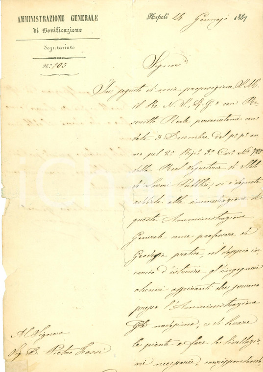1857 NAPOLI Nomina Pietro FOSSI professore GEODESIA pratica *Documento