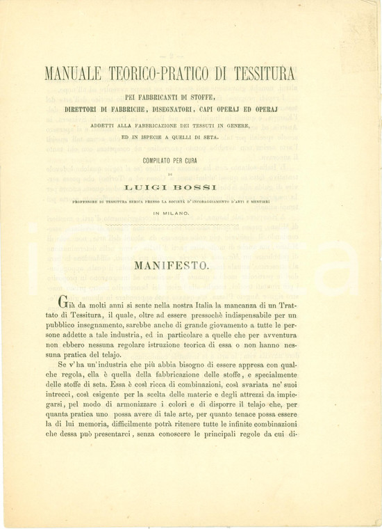 1872 MILANO Luigi BOSSI Manuale tessitura Programma opera con TAVOLA