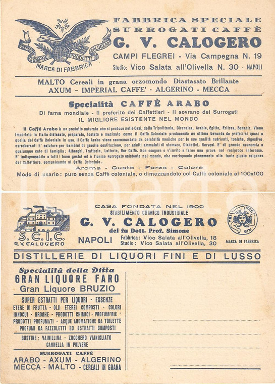 1935 ca NAPOLI Surrogati caffè CALOGERO Arabo coloniale *Cartolina FG NV