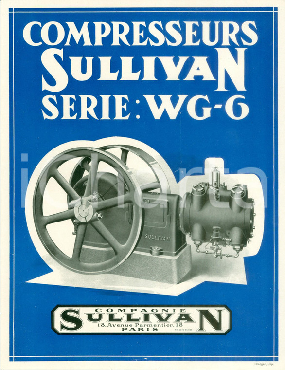 1940 ca PARIS Compresseurs SULLIVAN Série WG-6 *Volantino ILLUSTRATO