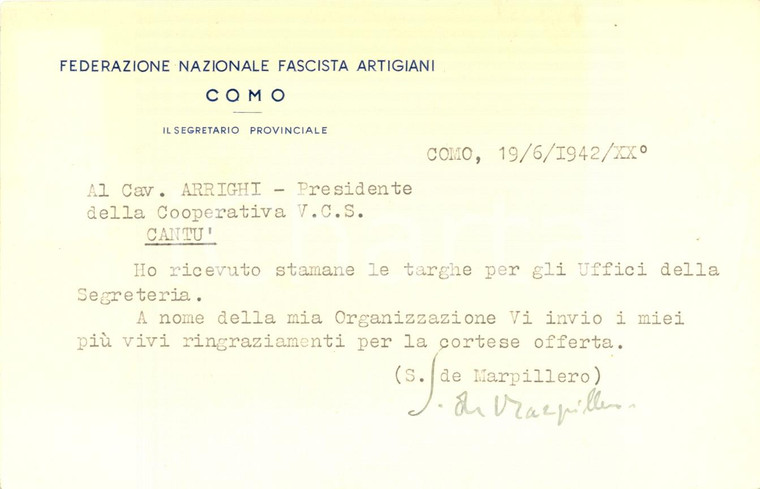 1942 COMO Federazione Nazionale Artigiani Segretario DE MARPILLERO Autografo