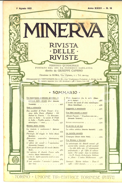 1922 MINERVA Rivista delle Riviste -  La fanteria è condannata? *Anno XXXII n°15