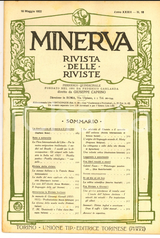 1922 MINERVA Rivista delle Riviste - La conferenza di Genova e il disarmo n°10