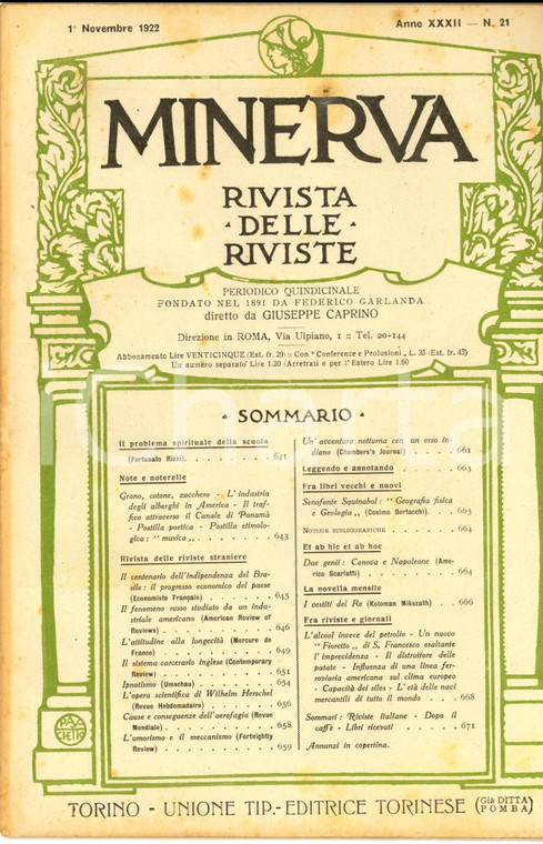 1922 MINERVA Rivista delle Riviste - Sistema carcerario inglese *Anno XXXII n°21