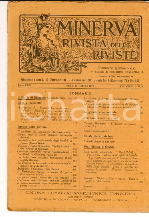 1916 MINERVA Rivista delle Riviste - SWINBURNE e CARDUCCI *Anno XXVI n° 4