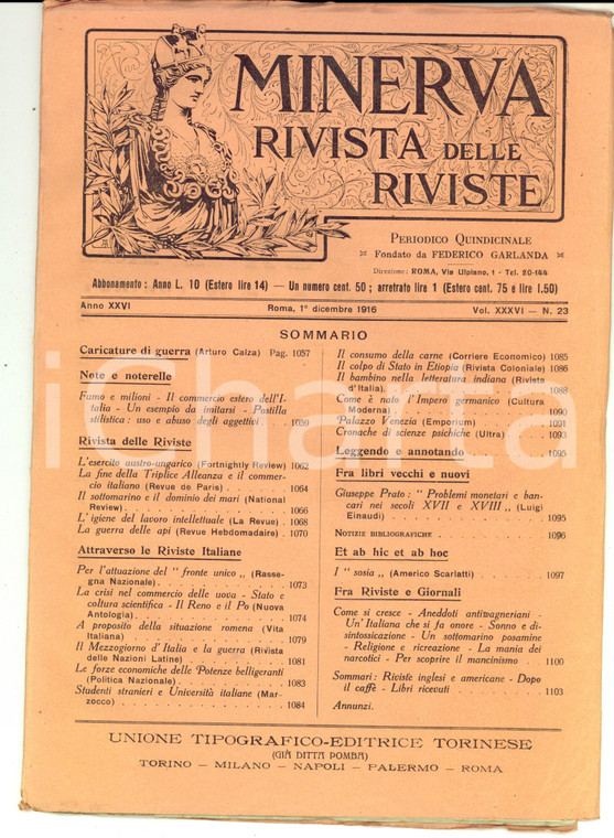 1916 MINERVA Rivista delle Riviste - Il Sud Italia e la guerra *Anno XXVI n° 23