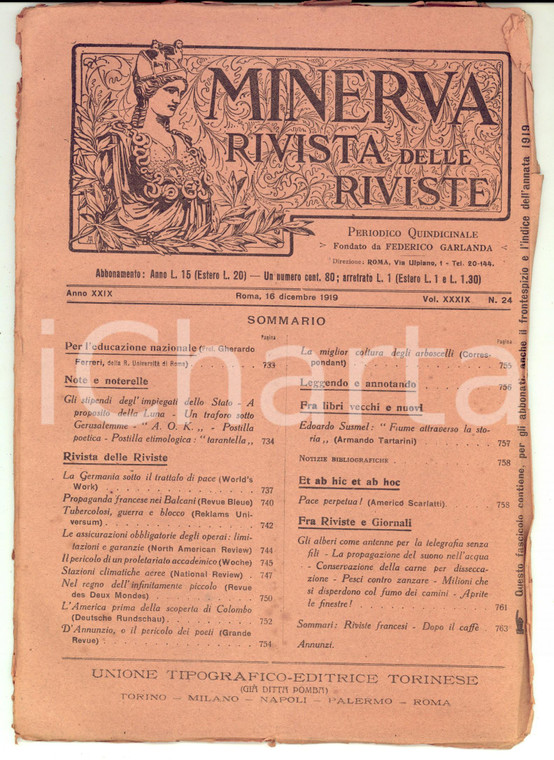 1919 MINERVA Rivista delle Riviste - Tubercolosi e guerra *Anno XXIX n° 24