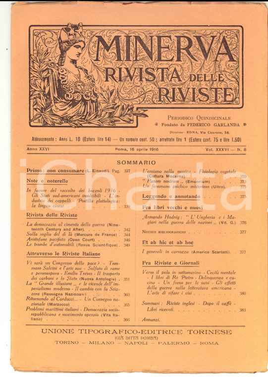 1916 MINERVA Rivista delle Riviste - Aristofane pacifista *Anno XXVI n° 8