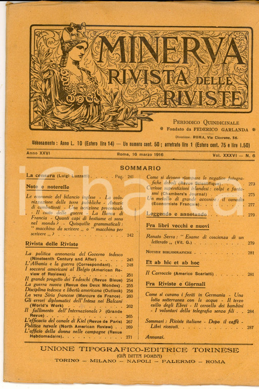 1916 MINERVA Rivista delle Riviste - La vera Siria francese *Anno XXVI n° 6