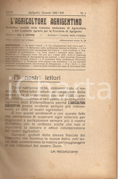 1935 AGRICOLTORE AGRIGENTINO Stazioni di Monta per asini in SICILIA *Rivista