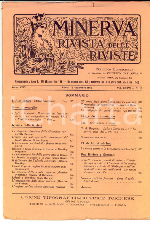 1916 MINERVA Rivista delle Riviste - Chirurghi al fronte *Anno XXVI n° 18