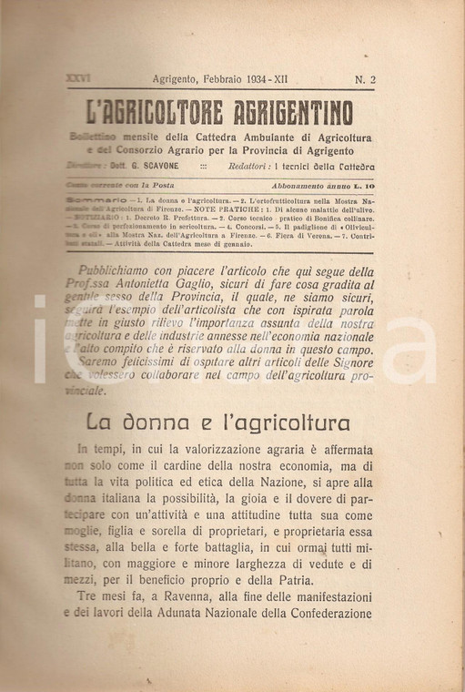 1934 AGRICOLTORE AGRIGENTINO Antonietta GAGLIO Donne e agricoltura *Rivista