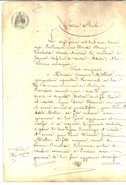 1837 JOYEUSE (F) Cessione diritti ereditari a Victor SEVENIER *Manoscritto