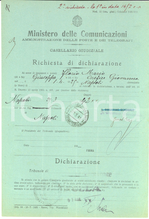 1942 WW2 NAPOLI Dichiarazioni su provvedimenti giudiziari contro Mario FLORIO
