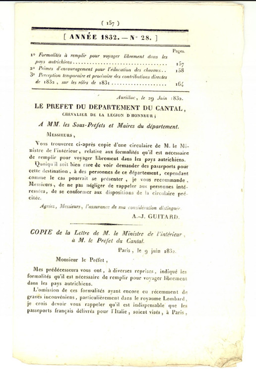 1832 AURILLAC (F) JOURNAL D'ANNONCES n° 28 - Primes pour l'éducation des chevaux