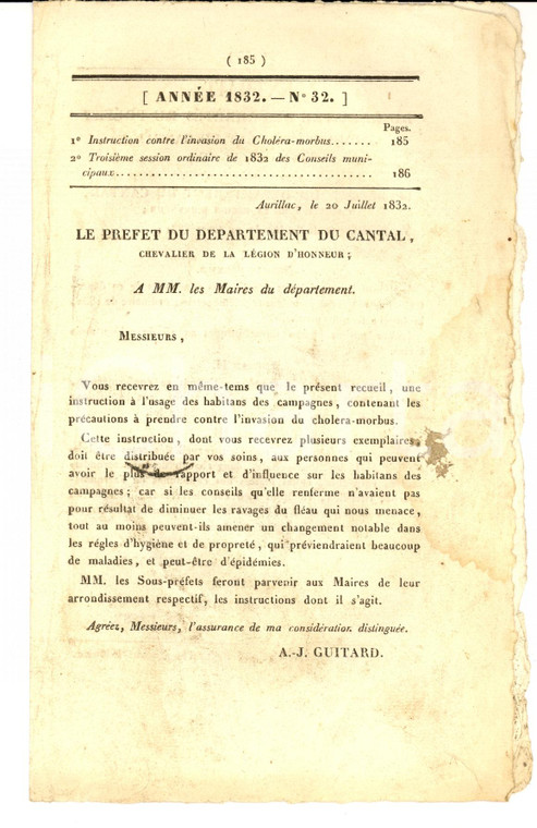 1832 AURILLAC (F) JOURNAL D'ANNONCES n° 32 Contre le choléra dans les campagnes