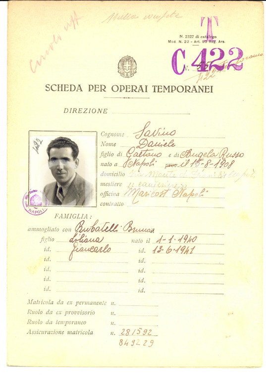 1942 WW2 NAPOLI Scheda operaio temporaneo MARICOST Daniele SAVINO