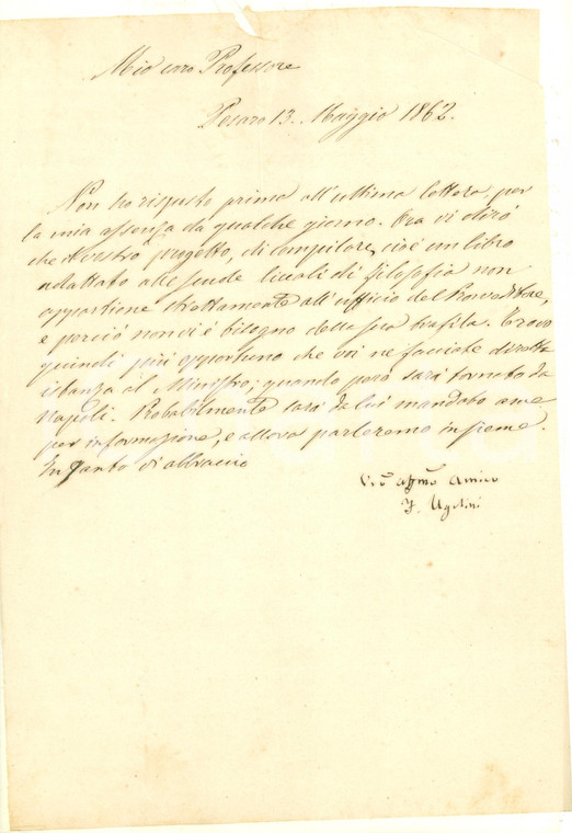 1862 PESARO Filippo UGOLINI su progetto manuale di filosofia *Lettera AUTOGRAFA