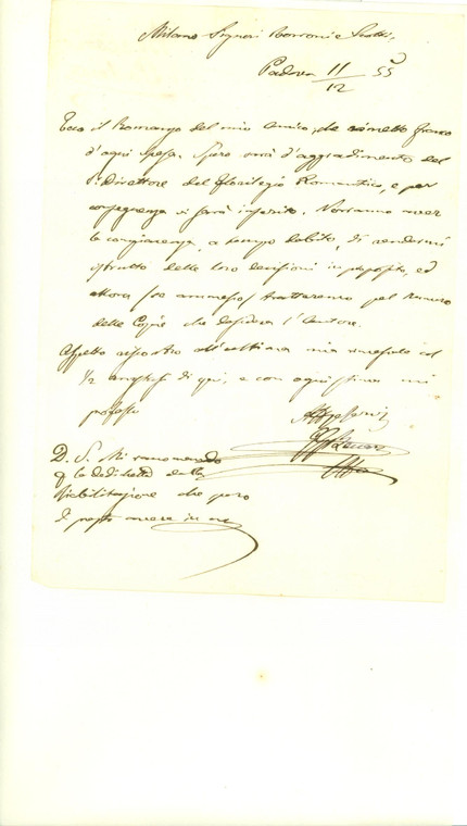 1855 MILANO Girolamo Giacinto BECCARI raccomanda romanzo *Lettera AUTOGRAFA