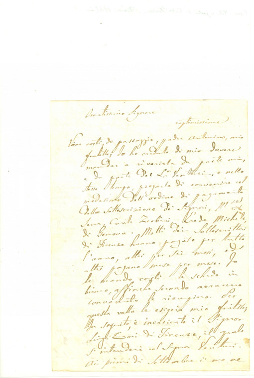 1843 FIRENZE Letterato Francesco TRUCCHI prepara partenza per ROMA *Autografo