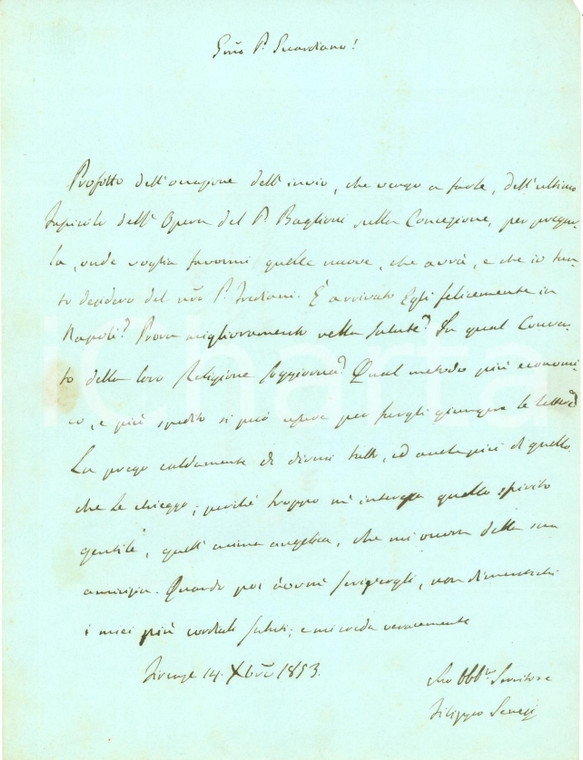 1853 FIRENZE Letterato Filippo SENESI si informa su Francesco FREDIANI Autografo