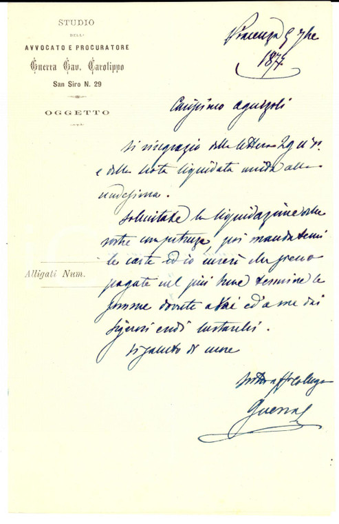 1877 PIACENZA Avvocato Carolippo GUERRA al collega AGUZZOLI *AUTOGRAFO