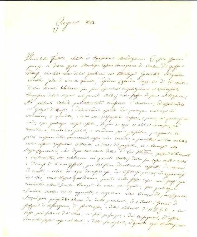 1838 VIRLE PIEMONTE GREGORIO XVI al marchese Cesare ROMAGNANO per Messe private