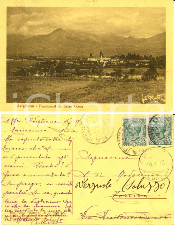 1917 AVIGLIANA (TO) Pensionato SACRO CUORE *Cartolina a Lydia di ROVASENDA