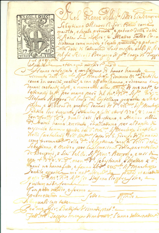 1759 TAGGIA (IM) Versamento marchese GENTILE per limosina parentela BERGONZI