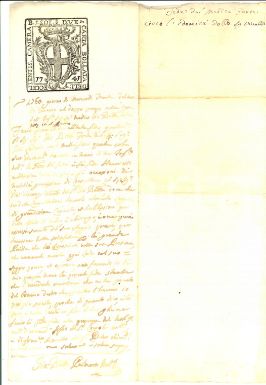 1760 GENOVA Fede medico Giovanni Battista FORTE invalido pro collega VIVALDI