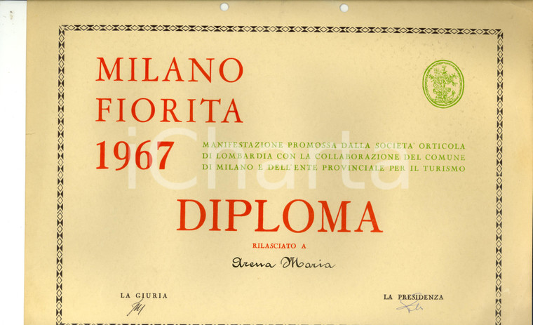 1967 MILANO FIORITA Diploma per Maria ARENA Società Orticola LOMBARDIA