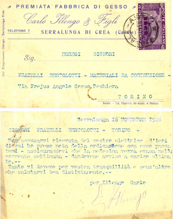 1926 SERRALUNGA DI CREA (AL) Fabbrica gesso Carlo ILLENGO *Cartolina FP VG