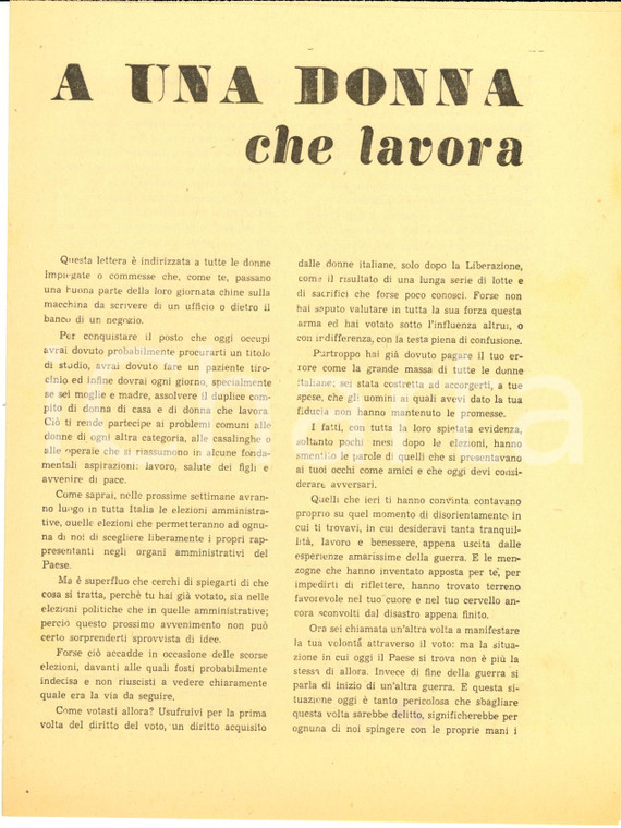 1953 PROPAGANDA POLITICA PCI Donne, votate contro guerra DC e USA *Volantino