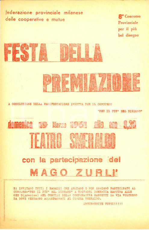 1961 MILANO Mago ZURLI' a Teatro SMERALDO premiazione concorso disegno più bello