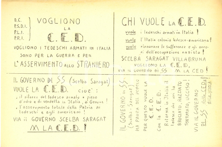1953 PROPAGANDA POLITICA PCI Mario SCELBA Giuseppe SARAGAT vogliono C.E.D.